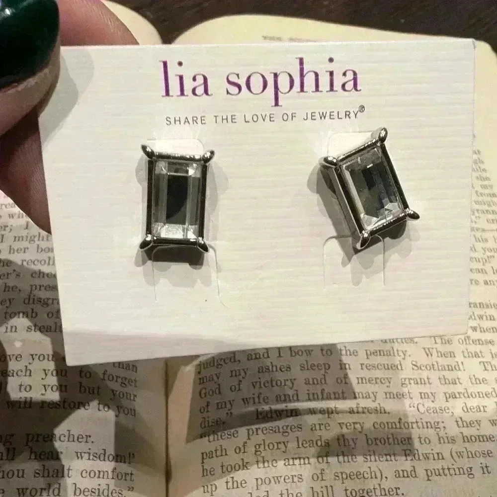 Lia Sophia rectangle clear silvertone earrings new  in box